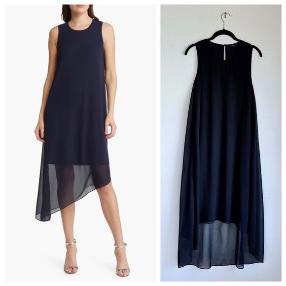 NWOT SAMPLE Kobi Halperin Pixie High-Low Semi-Sheer Georgette Dress in Navy Sz S